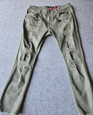 Makobi Jeans Men's 37x32 Denim Distressed Grey Wash Mid Rise
